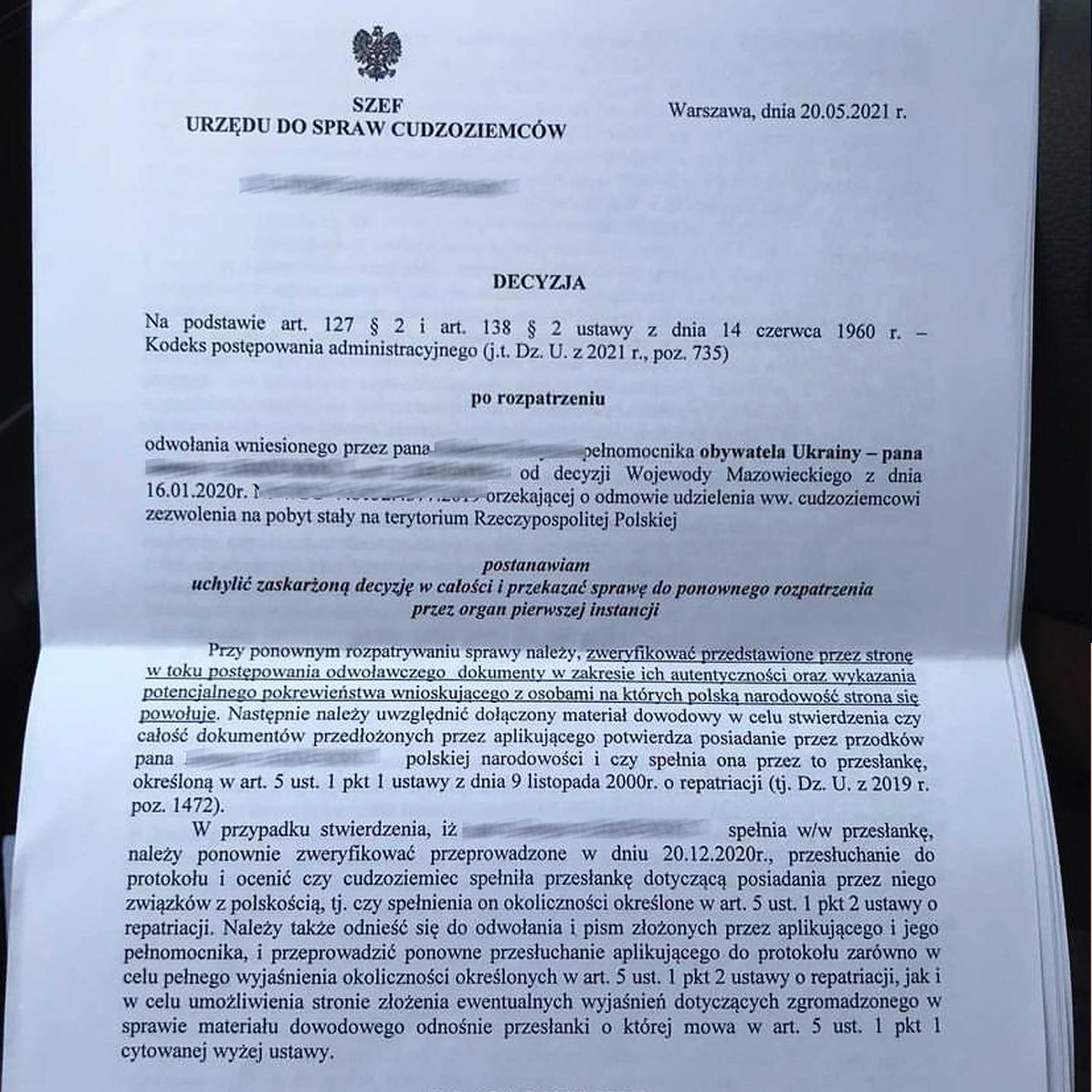 16.04.2021 до нас звернувся іноземець для прискорення видачі рішення щодо апеляції. Szef Urzedu do Sprawy...