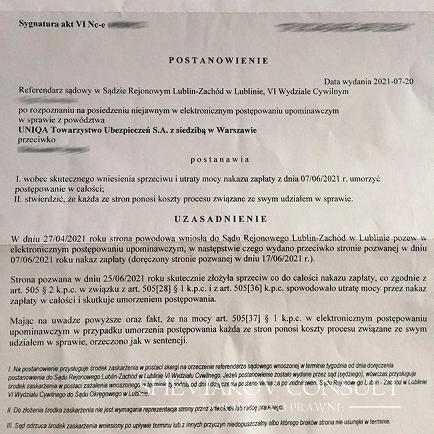 Выигранное дело против страховой компании UNIQA ?