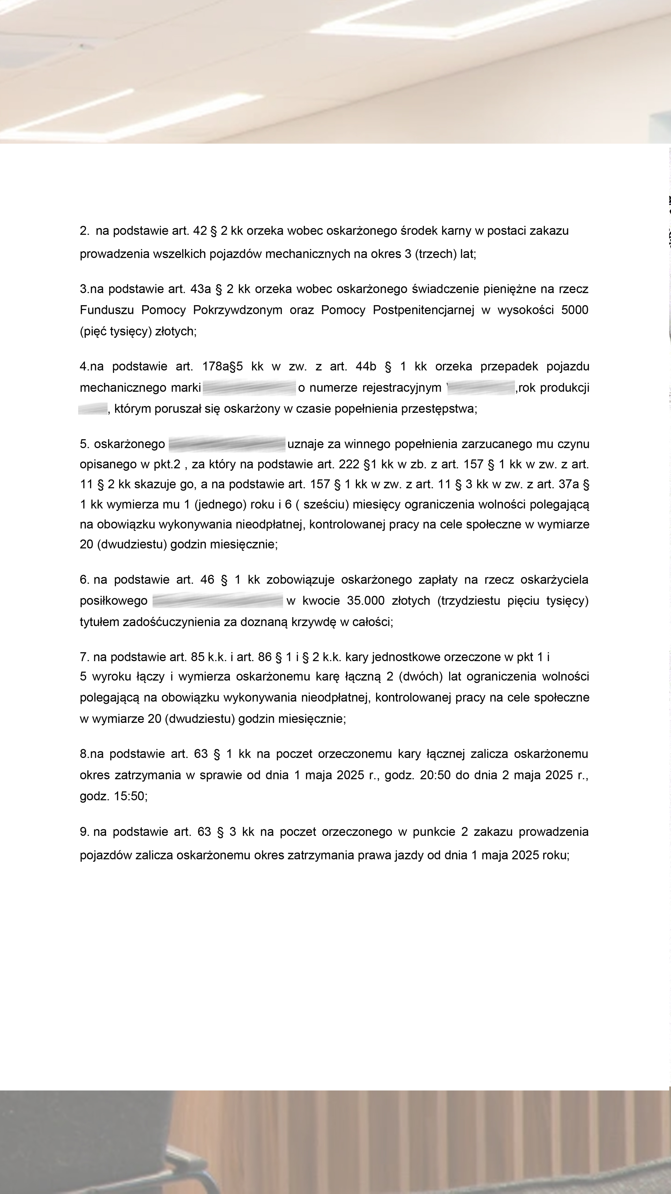 3 роки заборони керування, 5000 zl до фонду, 35000 zl компенсації