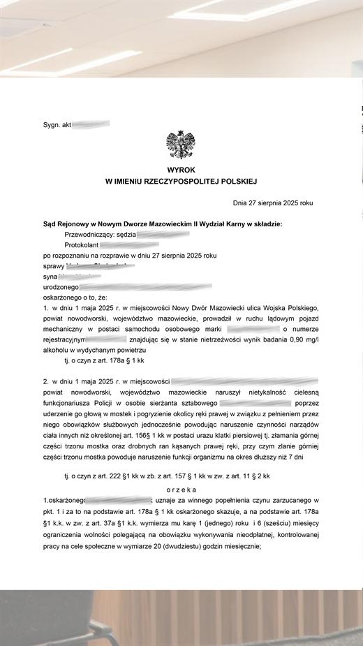Wyrok по эпизодам DUI и конфликта с полицией